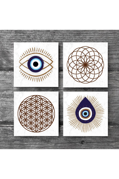 Pinecone Nazar, Yaşam Çiçeği Taş Bardak Altlığı Seti - 4 Parça - Dekoratif, Rustik Mutfak Aksesuarı, 10x10 cm, Kaydırmaz Tabanlı, Şık ve Dayanıklı SC414
