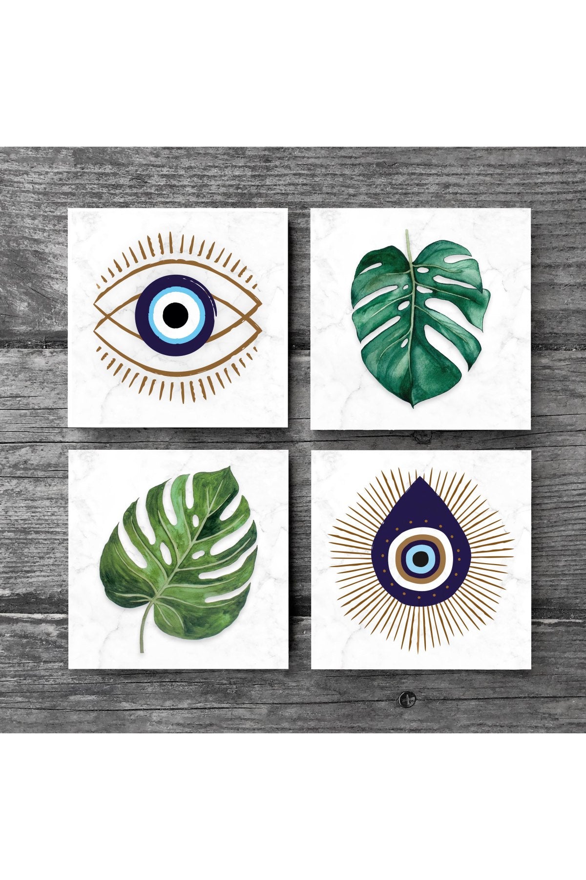 Pinecone Nazar, Yaprak Taş Bardak Altlığı Seti - 4 Parça - Dekoratif, Rustik Mutfak Aksesuarı, 10x10 cm, Kaydırmaz Tabanlı, Şık ve Dayanıklı SC417