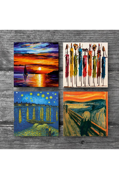 Pinecone Van Gogh Ren Nehri’nde Yıldızlı Bir Gece, Çığlık, Yerli Kadınlar, Deniz Manzarası Taş Bardak Altlığı Seti - 4 Parça - Dekoratif, Rustik Mutfak Aksesuarı, 10x10 cm, Kaydırmaz TabanlıSC431