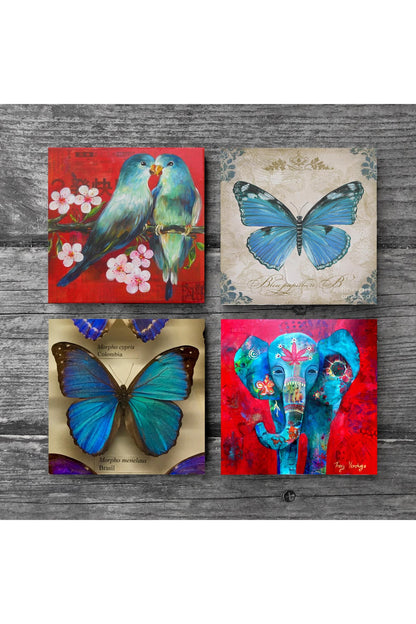 Pinecone Kelebek, Fil, Kuş Taş Bardak Altlığı Seti - 4 Parça - Dekoratif, Rustik Mutfak Aksesuarı, 10x10 cm, Kaydırmaz Tabanlı, Şık ve Dayanıklı SC451