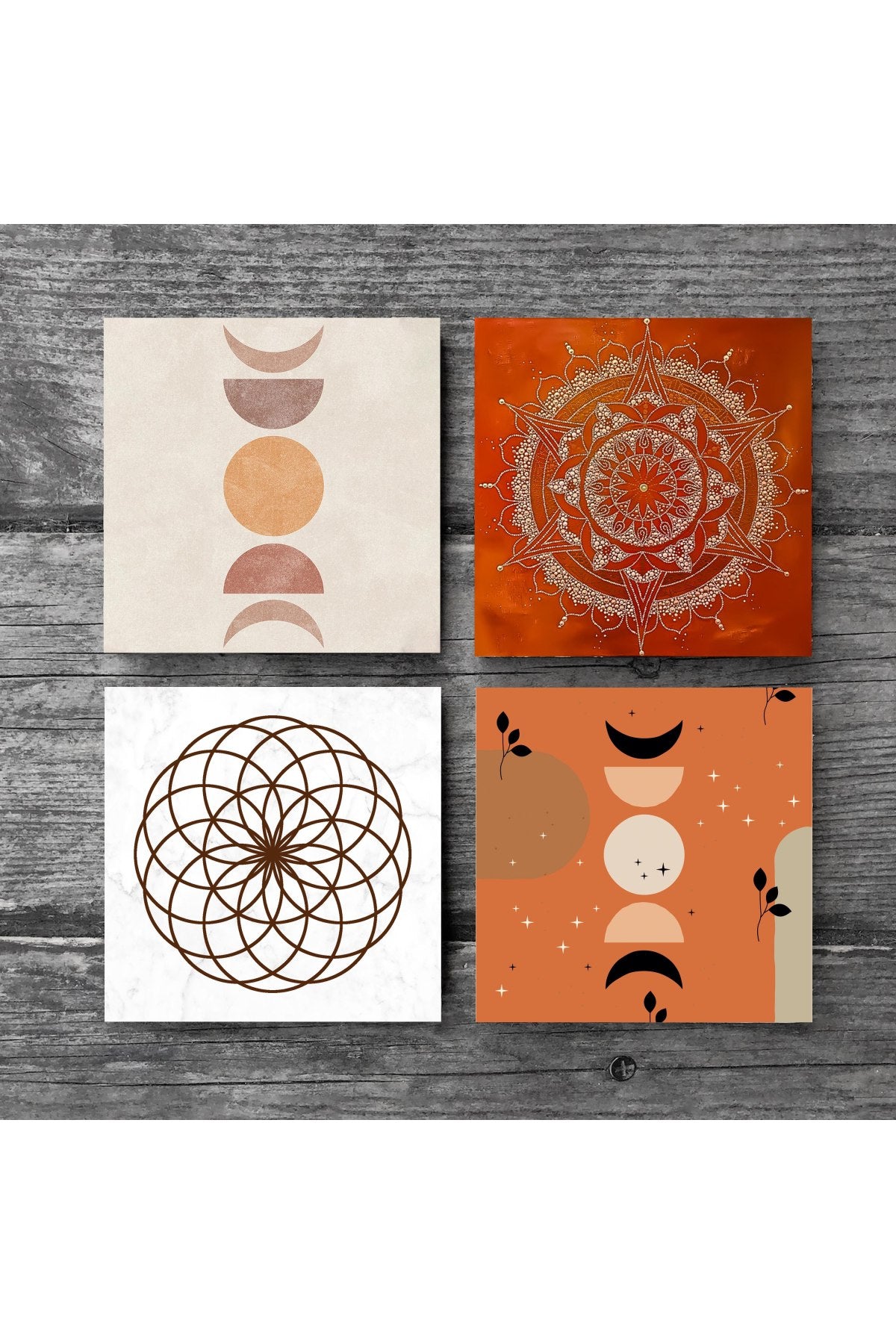 Pinecone Bohem, Minimalist Soyut, Yaşam Çiçeği, Mandala Taş Bardak Altlığı Seti - 4 Parça - Dekoratif, Rustik Mutfak Aksesuarı, 10x10 cm, Kaydırmaz Tabanlı, Şık ve Dayanıklı SC459