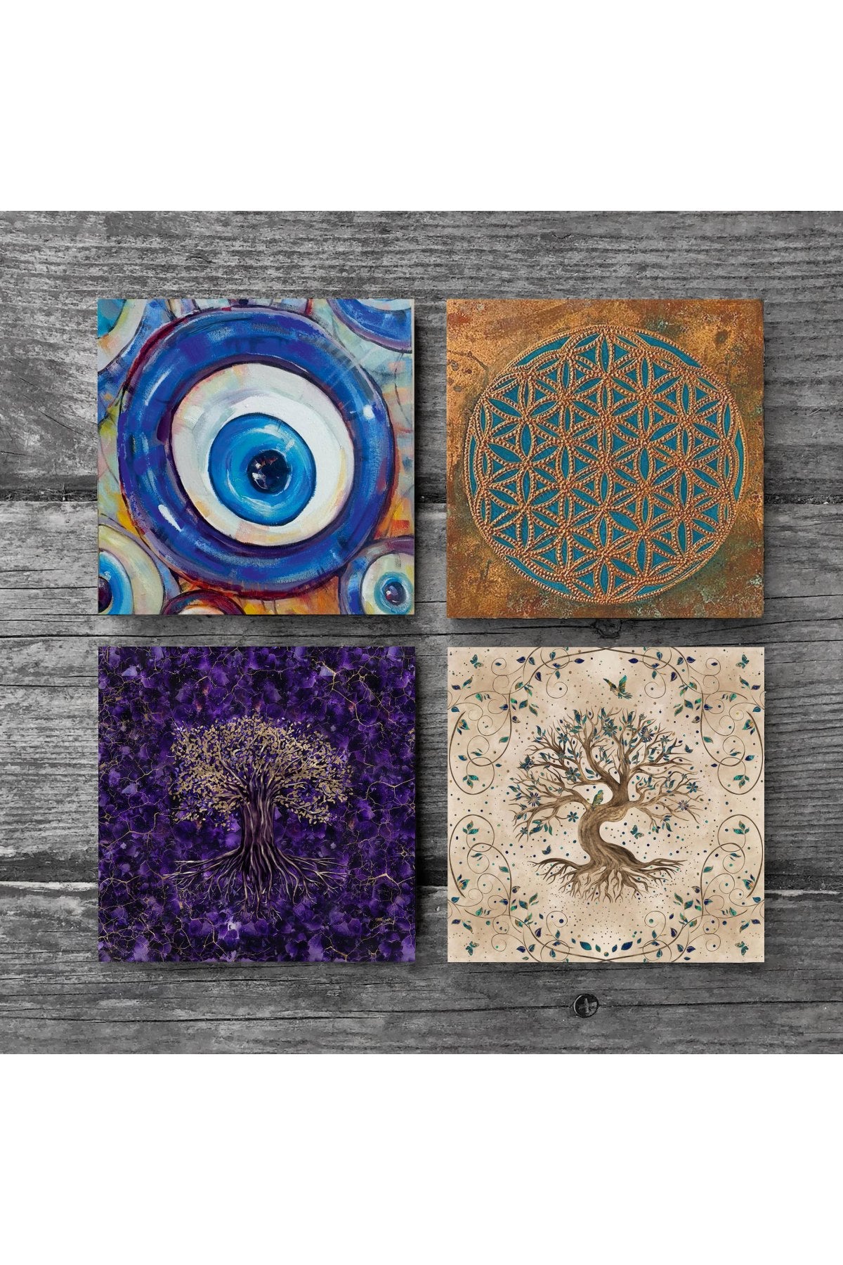 Pinecone Nazar, Yaşam Çiçeği, Hayat Ağacı Taş Bardak Altlığı Seti - 4 Parça - Dekoratif, Rustik Mutfak Aksesuarı, 10x10 cm, Kaydırmaz Tabanlı, Şık ve Dayanıklı SC466