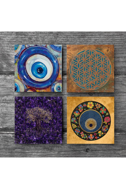 Pinecone Nazar, Yaşam Çiçeği, Hayat Ağacı Taş Bardak Altlığı Seti - 4 Parça - Dekoratif, Rustik Mutfak Aksesuarı, 10x10 cm, Kaydırmaz Tabanlı, Şık ve Dayanıklı SC467