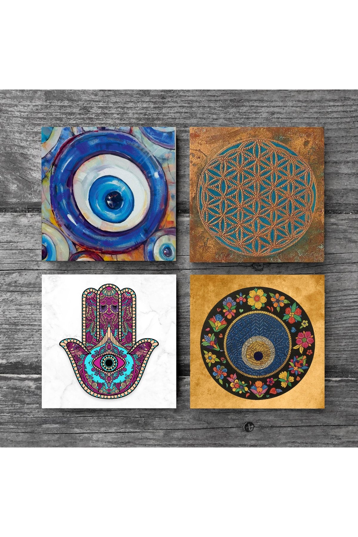 Pinecone Nazar, Yaşam Çiçeği, Fatma Ana Eli (Hamsa) Taş Bardak Altlığı Seti - 4 Parça - Dekoratif, Rustik Mutfak Aksesuarı, 10x10 cm, Kaydırmaz Tabanlı, Şık ve Dayanıklı SC470
