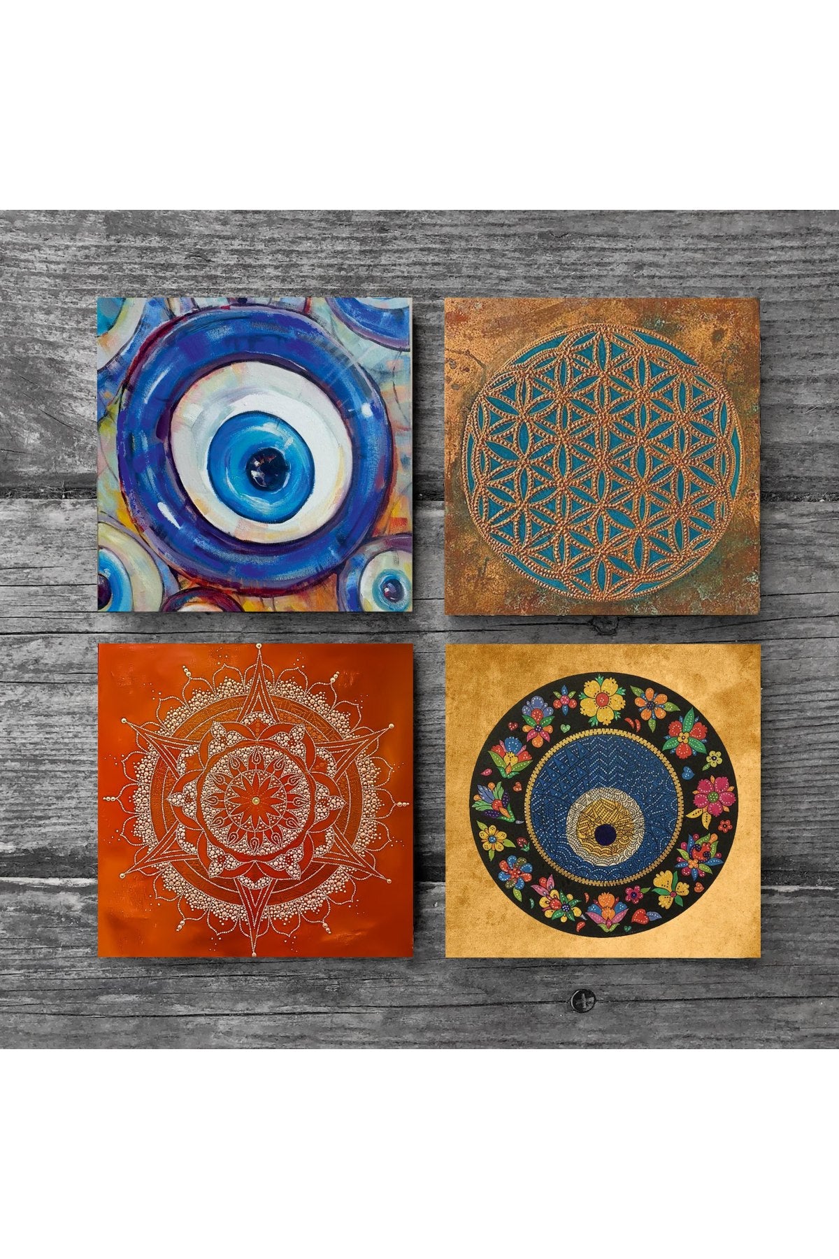 Pinecone Nazar, Yaşam Çiçeği, Mandala Taş Bardak Altlığı Seti - 4 Parça - Dekoratif, Rustik Mutfak Aksesuarı, 10x10 cm, Kaydırmaz Tabanlı, Şık ve Dayanıklı SC471
