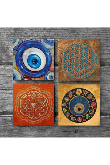 Pinecone Nazar, Yaşam Çiçeği, Sri Yantra Taş Bardak Altlığı Seti - 4 Parça - Dekoratif, Rustik Mutfak Aksesuarı, 10x10 cm, Kaydırmaz Tabanlı, Şık ve Dayanıklı SC472