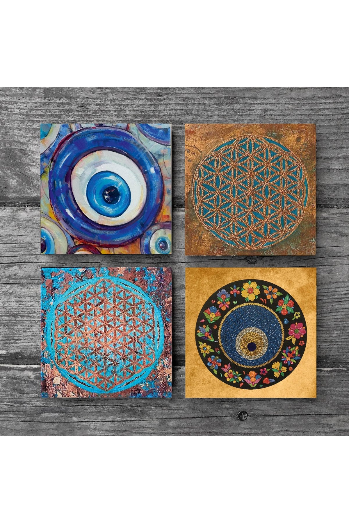 Pinecone Nazar, Yaşam Çiçeği Taş Bardak Altlığı Seti - 4 Parça - Dekoratif, Rustik Mutfak Aksesuarı, 10x10 cm, Kaydırmaz Tabanlı, Şık ve Dayanıklı SC474