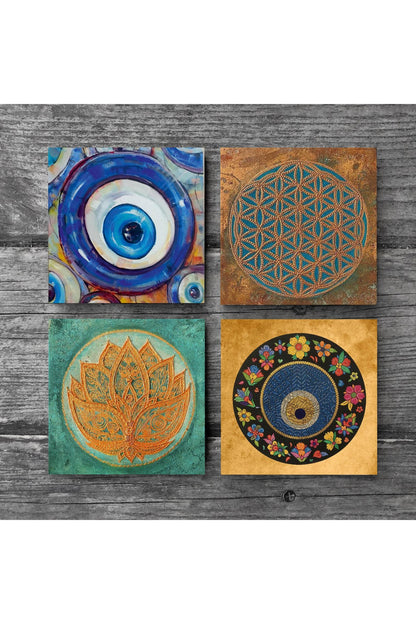Pinecone Nazar, Yaşam Çiçeği, Lotus Çiçeği Taş Bardak Altlığı Seti - 4 Parça - Dekoratif, Rustik Mutfak Aksesuarı, 10x10 cm, Kaydırmaz Tabanlı, Şık ve Dayanıklı SC475