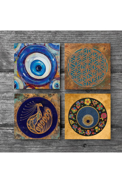 Pinecone Nazar, Yaşam Çiçeği, Tavus Kuşu Taş Bardak Altlığı Seti - 4 Parça - Dekoratif, Rustik Mutfak Aksesuarı, 10x10 cm, Kaydırmaz Tabanlı, Şık ve Dayanıklı SC476