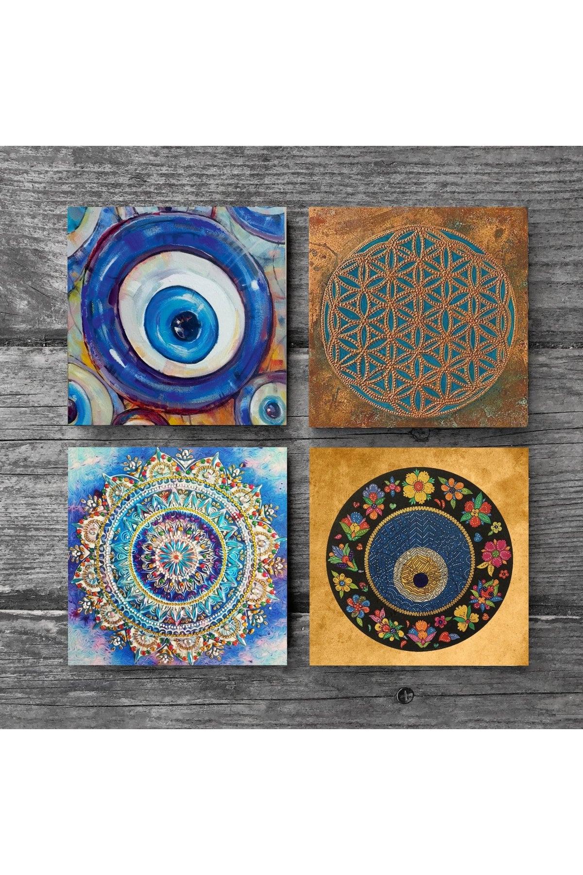 Pinecone Nazar, Yaşam Çiçeği, Mandala Taş Bardak Altlığı Seti - 4 Parça - Dekoratif, Rustik Mutfak Aksesuarı, 10x10 cm, Kaydırmaz Tabanlı, Şık ve Dayanıklı SC478