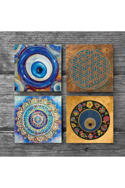 Pinecone Nazar, Yaşam Çiçeği, Mandala Taş Bardak Altlığı Seti - 4 Parça - Dekoratif, Rustik Mutfak Aksesuarı, 10x10 cm, Kaydırmaz Tabanlı, Şık ve Dayanıklı SC478