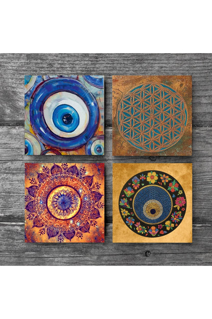 Pinecone Nazar, Yaşam Çiçeği, Mandala Taş Bardak Altlığı Seti - 4 Parça - Dekoratif, Rustik Mutfak Aksesuarı, 10x10 cm, Kaydırmaz Tabanlı, Şık ve Dayanıklı SC479