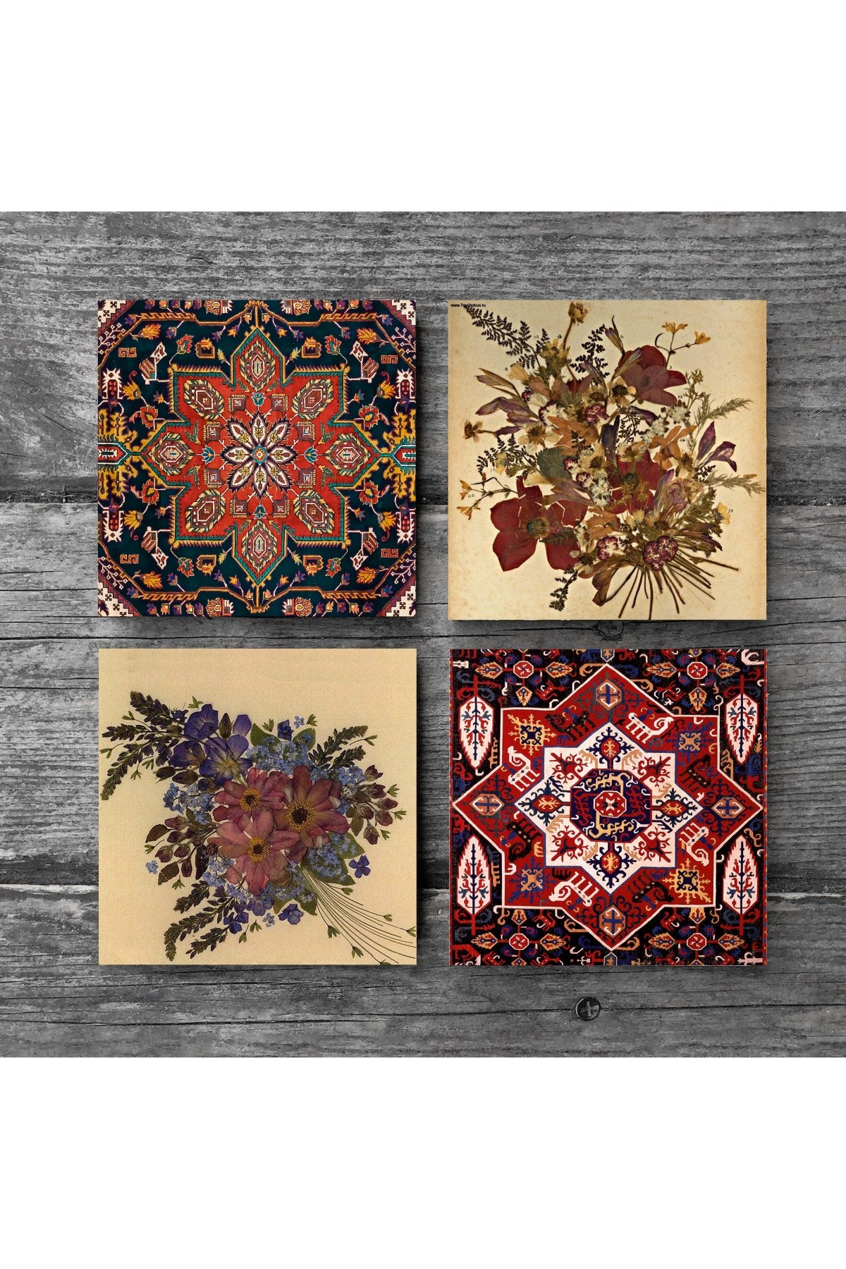 Pinecone Vintage Çiçek, Desen Taş Bardak Altlığı Seti - 4 Parça - Dekoratif, Rustik Mutfak Aksesuarı, 10x10 cm, Kaydırmaz Tabanlı, Şık ve Dayanıklı SC501