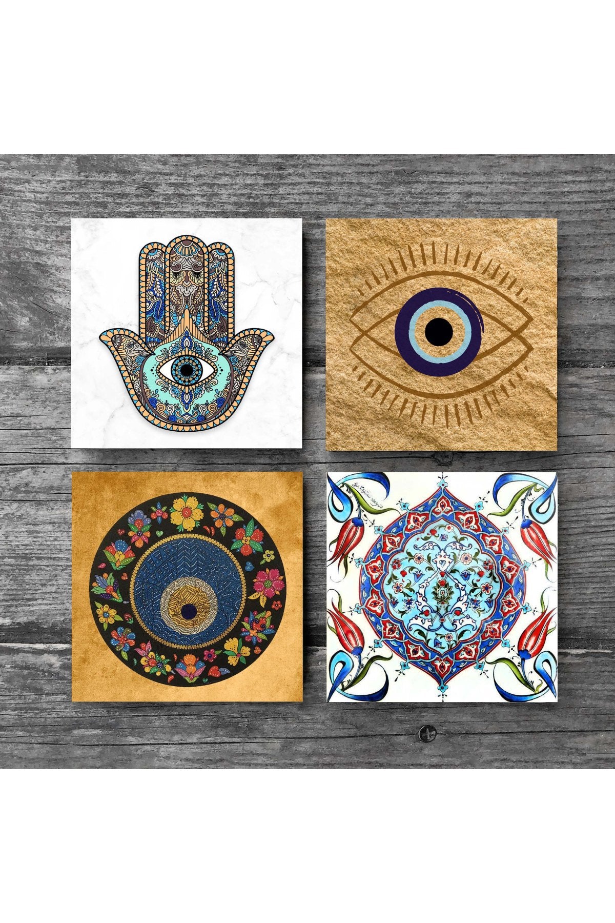 Pinecone Nazar, Çini Sanatı, Fatma Ana Eli (Hamsa) Taş Bardak Altlığı Seti - 4 Parça - Dekoratif, Rustik Mutfak Aksesuarı, 10x10 cm, Kaydırmaz Tabanlı, Şık ve Dayanıklı SC508
