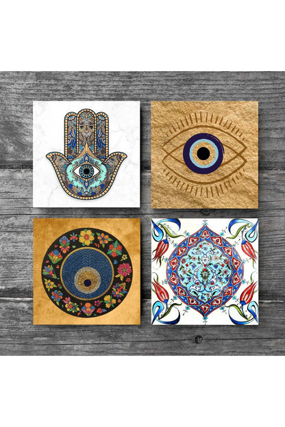 Pinecone Nazar, Çini Sanatı, Fatma Ana Eli (Hamsa) Taş Bardak Altlığı Seti - 4 Parça - Dekoratif, Rustik Mutfak Aksesuarı, 10x10 cm, Kaydırmaz Tabanlı, Şık ve Dayanıklı SC508