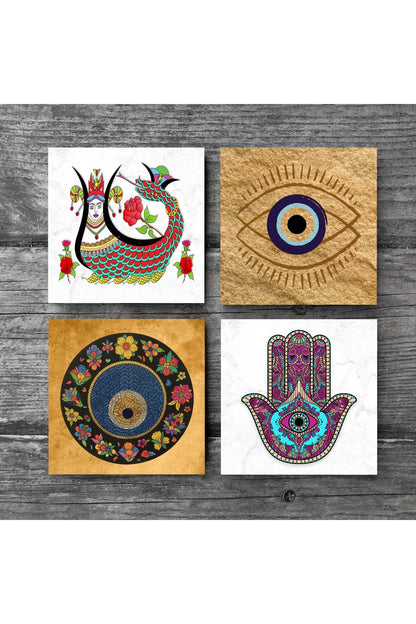 Pinecone Nazar, Fatma Ana Eli (Hamsa), Şahmeran Taş Bardak Altlığı Seti - 4 Parça - Dekoratif, Rustik Mutfak Aksesuarı, 10x10 cm, Kaydırmaz Tabanlı, Şık ve Dayanıklı SC512