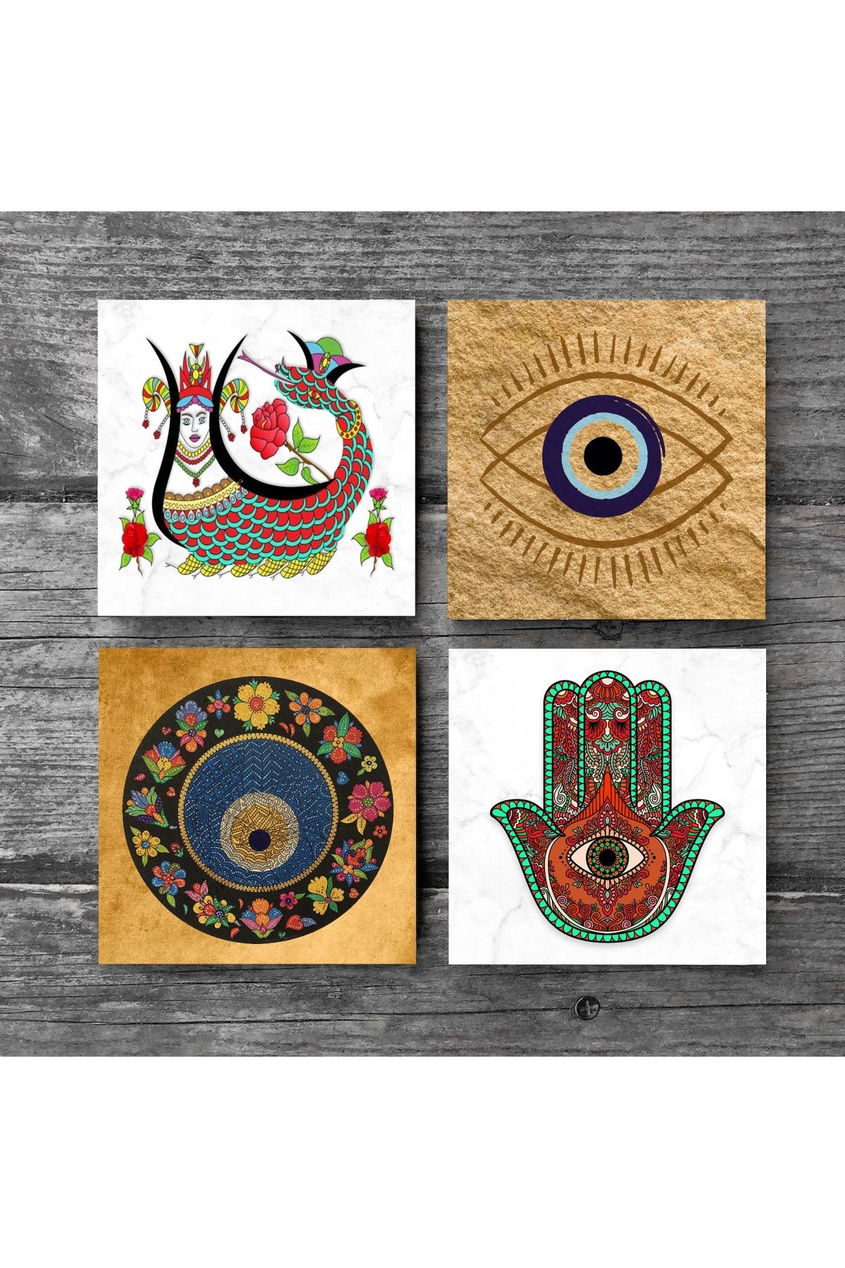 Pinecone Nazar, Fatma Ana Eli (Hamsa), Şahmeran Taş Bardak Altlığı Seti - 4 Parça - Dekoratif, Rustik Mutfak Aksesuarı, 10x10 cm, Kaydırmaz Tabanlı, Şık ve Dayanıklı SC513
