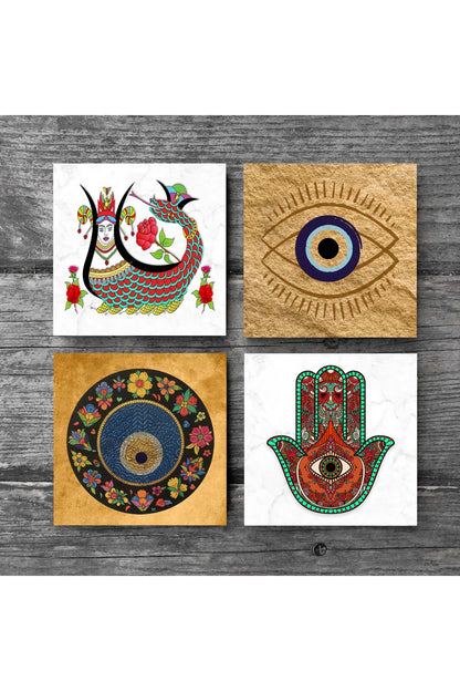 Pinecone Nazar, Fatma Ana Eli (Hamsa), Şahmeran Taş Bardak Altlığı Seti - 4 Parça - Dekoratif, Rustik Mutfak Aksesuarı, 10x10 cm, Kaydırmaz Tabanlı, Şık ve Dayanıklı SC513