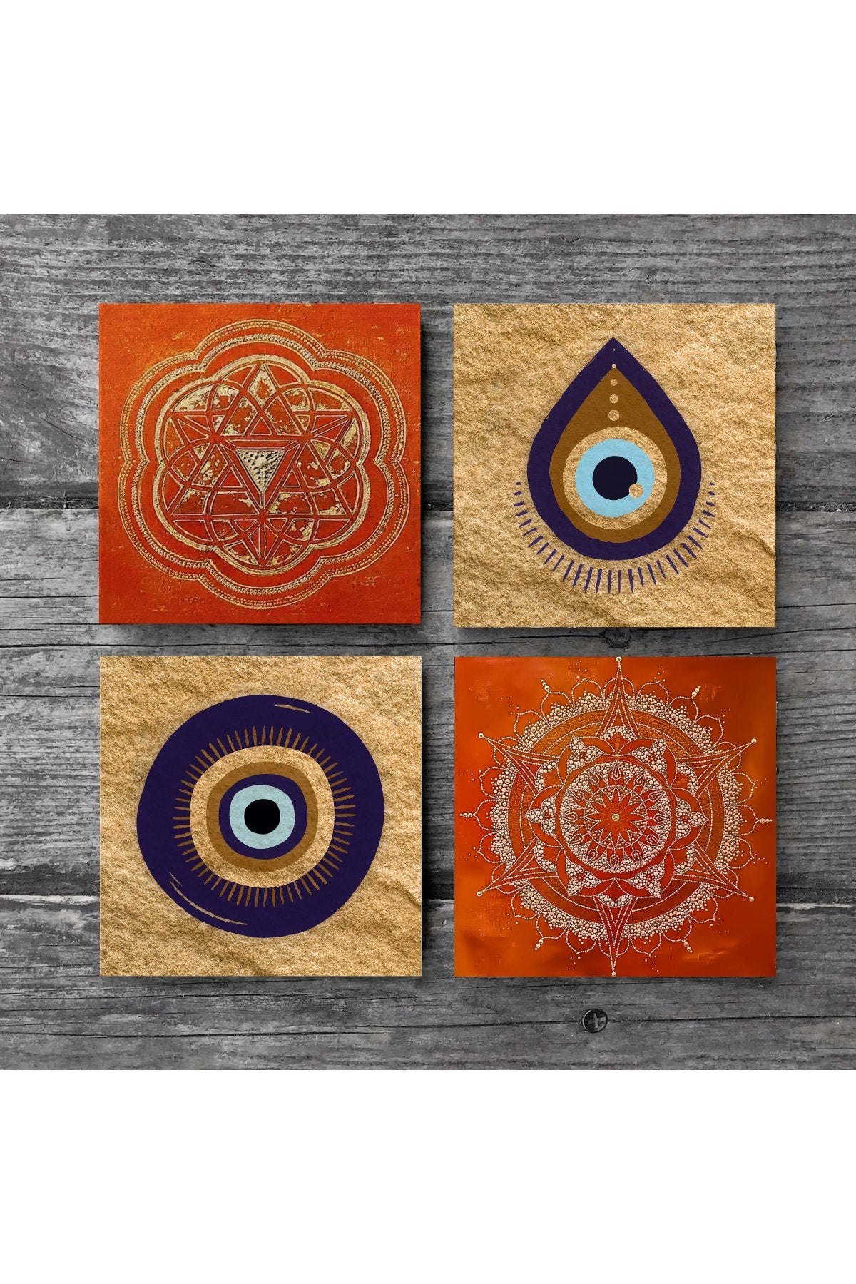 Pinecone Nazar, Sri Yantra, Mandala Taş Bardak Altlığı Seti - 4 Parça - Dekoratif, Rustik Mutfak Aksesuarı, 10x10 cm, Kaydırmaz Tabanlı, Şık ve Dayanıklı SC521