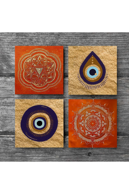Pinecone Nazar, Sri Yantra, Mandala Taş Bardak Altlığı Seti - 4 Parça - Dekoratif, Rustik Mutfak Aksesuarı, 10x10 cm, Kaydırmaz Tabanlı, Şık ve Dayanıklı SC521