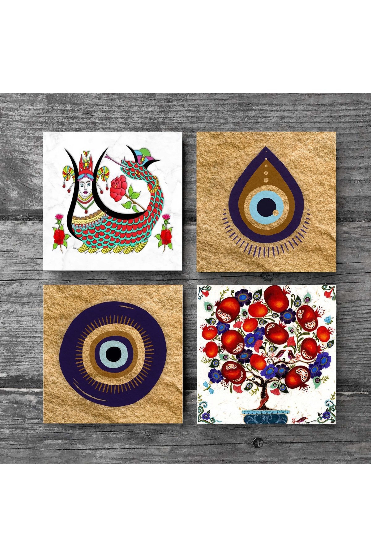 Pinecone Nazar, Şahmeran, Nar Ağacı Taş Bardak Altlığı Seti - 4 Parça - Dekoratif, Rustik Mutfak Aksesuarı, 10x10 cm, Kaydırmaz Tabanlı, Şık ve Dayanıklı SC524