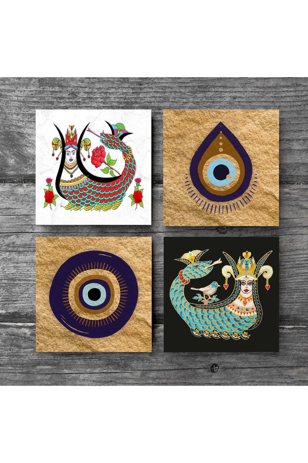 Pinecone Nazar, Şahmeran Taş Bardak Altlığı Seti - 4 Parça - Dekoratif, Rustik Mutfak Aksesuarı, 10x10 cm, Kaydırmaz Tabanlı, Şık ve Dayanıklı SC526