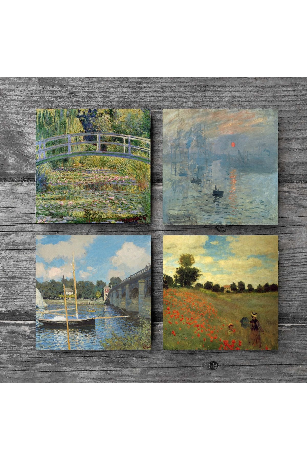Pinecone Claude Monet Argenteuil'de Köprü, Gelincikler, İzlenim Gün Doğumu, Nilüfer Gölü Taş Bardak Altlığı Seti - 4 Parça - Dekoratif, Rustik Mutfak Aksesuarı, 10x10 cm, Kaydırmaz TabanlıSC527