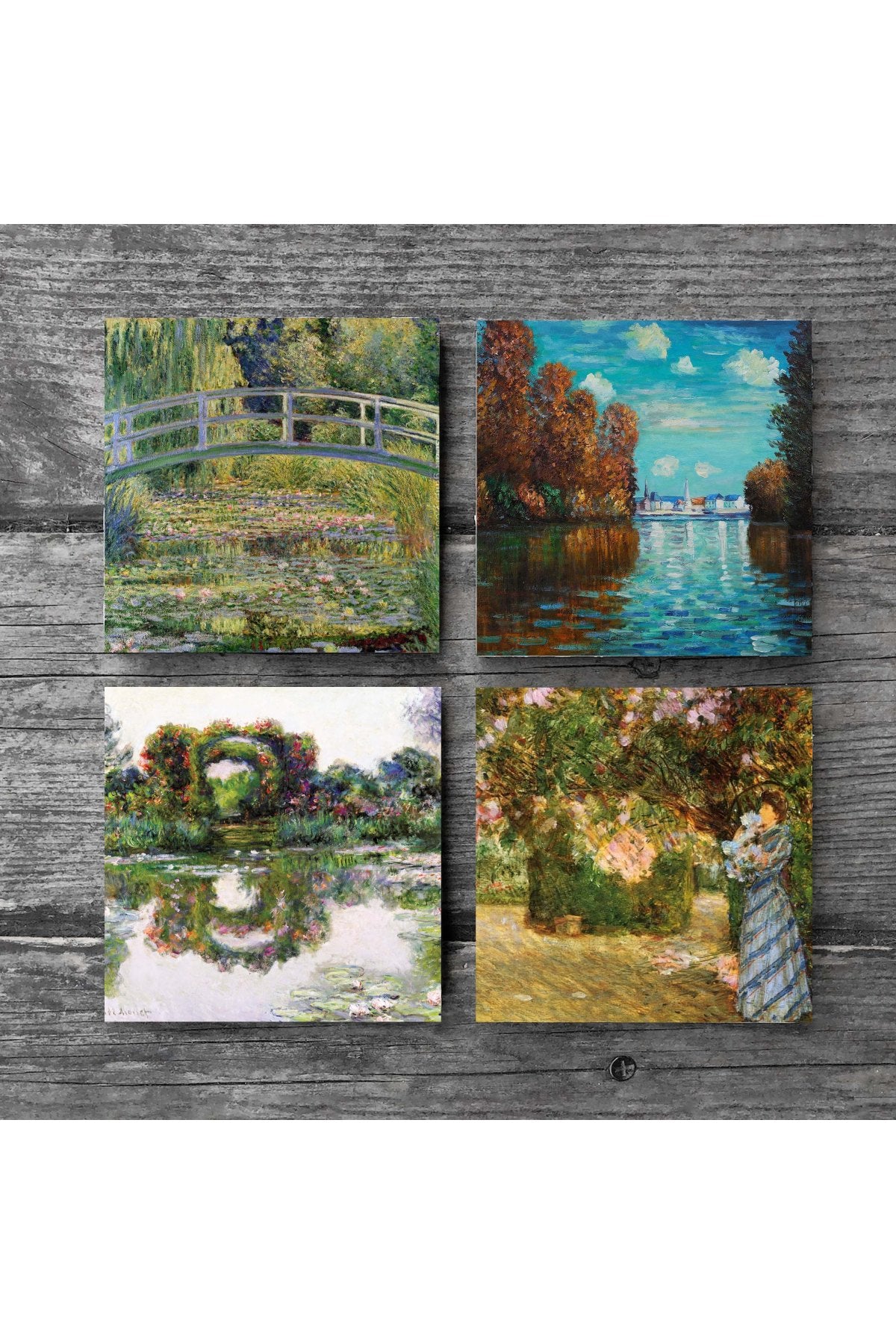 Pinecone Claude Monet Sonbahar, Bahçede, Gül Çiçekli Kemer, Nilüfer Gölü Taş Bardak Altlığı Seti - 4 Parça - Dekoratif, Rustik Mutfak Aksesuarı, 10x10 cm, Kaydırmaz Tabanlı, Şık ve Dayanıklı SC532