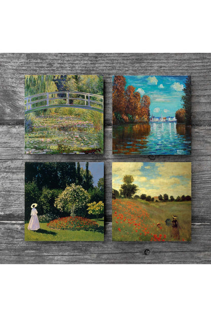 Pinecone Claude Monet Sonbahar, Bahçedeki Kadın, Gelincikler, Nilüfer Gölü Taş Bardak Altlığı Seti - 4 Parça - Dekoratif, Rustik Mutfak Aksesuarı, 10x10 cm, Kaydırmaz Tabanlı, Şık ve Dayanıklı SC535