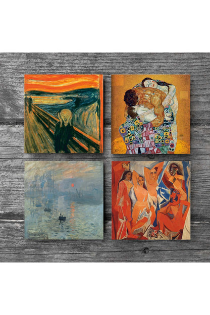 Pinecone Picasso Avignonlu Kızlar, Monet Gün Doğumu, Çığlık, Klimt Aile Kucaklama Taş Bardak Altlığı Seti - 4 Parça - Dekoratif, Rustik Mutfak Aksesuarı, 10x10 cm, Kaydırmaz TabanlıSC540