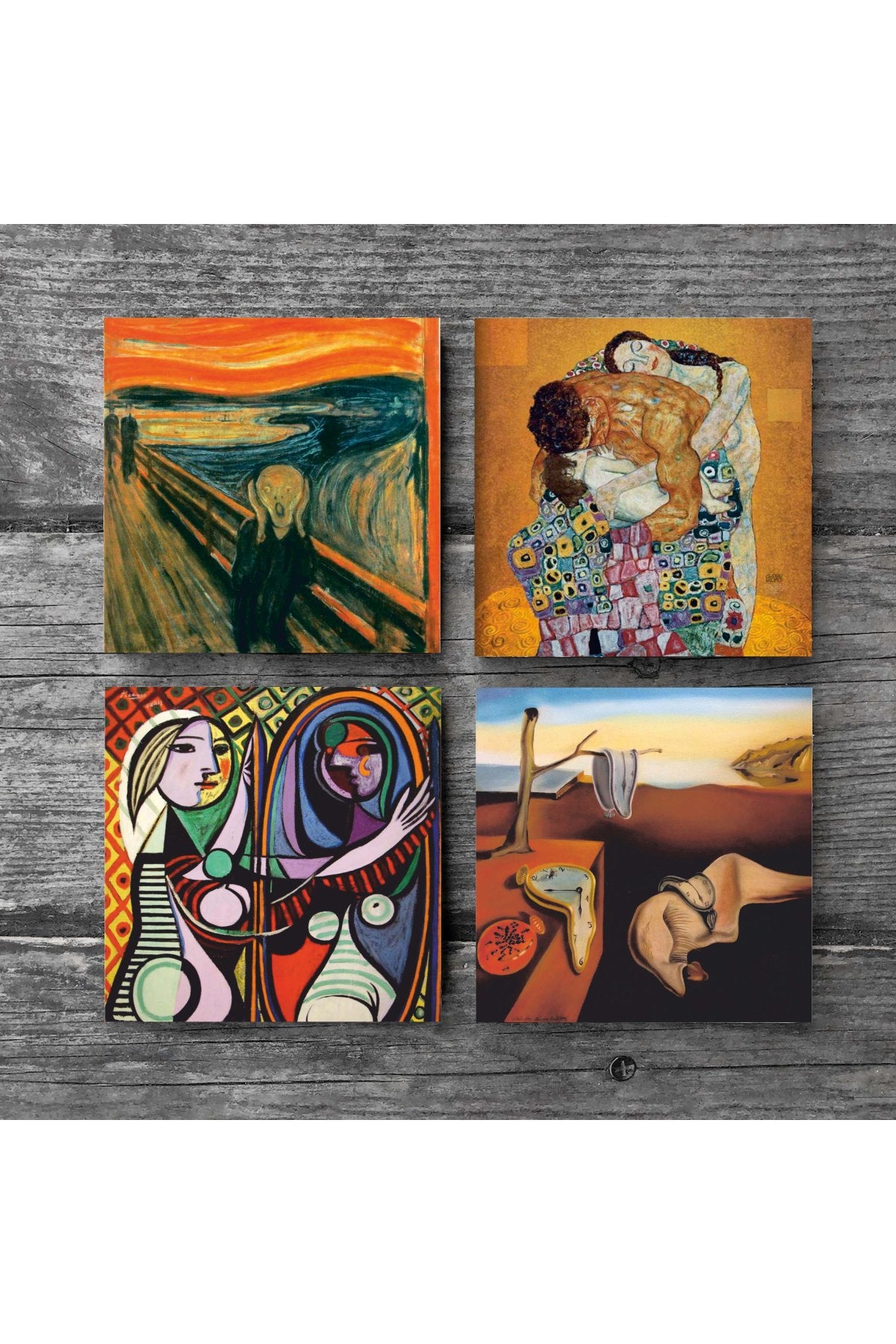 Pinecone Dalí Belleğin Azmi, Picasso Ayna Karşısındaki Kız, Çığlık, Klimt Aile Kucaklama Taş Bardak Altlığı Seti - 4 Parça - Dekoratif, Rustik Mutfak Aksesuarı, 10x10 cm, Kaydırmaz TabanlıSC542