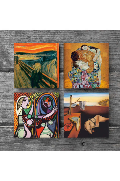 Pinecone Dalí Belleğin Azmi, Picasso Ayna Karşısındaki Kız, Çığlık, Klimt Aile Kucaklama Taş Bardak Altlığı Seti - 4 Parça - Dekoratif, Rustik Mutfak Aksesuarı, 10x10 cm, Kaydırmaz TabanlıSC542