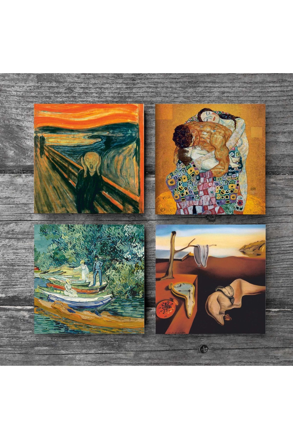 Pinecone Dalí Belleğin Azmi, Van Gogh Oise Bankası, Çığlık, Klimt Aile Kucaklama Taş Bardak Altlığı Seti - 4 Parça - Dekoratif, Rustik Mutfak Aksesuarı, 10x10 cm, Kaydırmaz TabanlıSC545