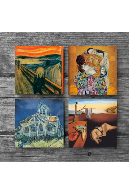 Pinecone Dalí Belleğin Azmi, Van Gogh Kilise, Çığlık, Klimt Aile Kucaklama Taş Bardak Altlığı Seti - 4 Parça - Dekoratif, Rustik Mutfak Aksesuarı, 10x10 cm, Kaydırmaz Tabanlı, Şık ve Dayanıklı SC548