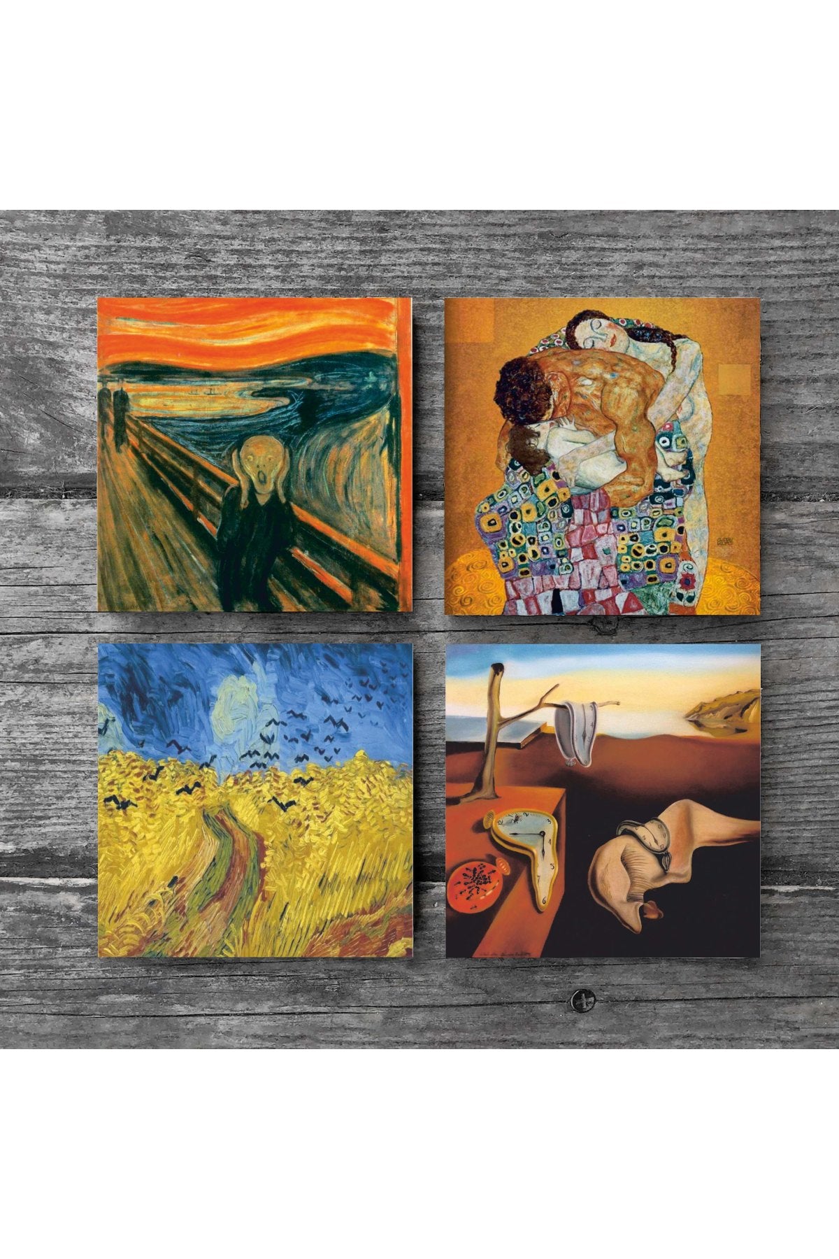 Pinecone Dalí Belleğin Azmi, Van Gogh Buğday Tarlası, Çığlık, Klimt Aile Kucaklama Taş Bardak Altlığı Seti - 4 Parça - Dekoratif, Rustik Mutfak Aksesuarı, 10x10 cm, Kaydırmaz TabanlıSC552