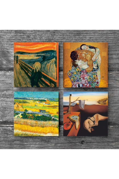 Pinecone Dalí Belleğin Azmi, Van Gogh Hasat Manzarası, Çığlık, Klimt Aile Kucaklama Taş Bardak Altlığı Seti - 4 Parça - Dekoratif, Rustik Mutfak Aksesuarı, 10x10 cm, Kaydırmaz TabanlıSC556