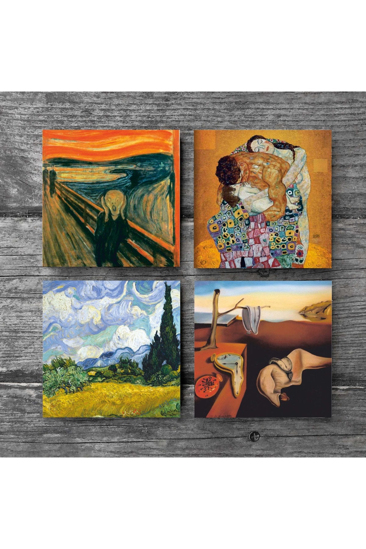 Pinecone Dalí Belleğin Azmi, Van Gogh Buğday Tarlası, Çığlık, Klimt Aile Kucaklama Taş Bardak Altlığı Seti - 4 Parça - Dekoratif, Rustik Mutfak Aksesuarı, 10x10 cm, Kaydırmaz TabanlıSC559