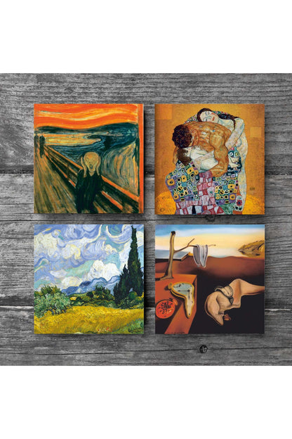 Pinecone Dalí Belleğin Azmi, Van Gogh Buğday Tarlası, Çığlık, Klimt Aile Kucaklama Taş Bardak Altlığı Seti - 4 Parça - Dekoratif, Rustik Mutfak Aksesuarı, 10x10 cm, Kaydırmaz TabanlıSC559