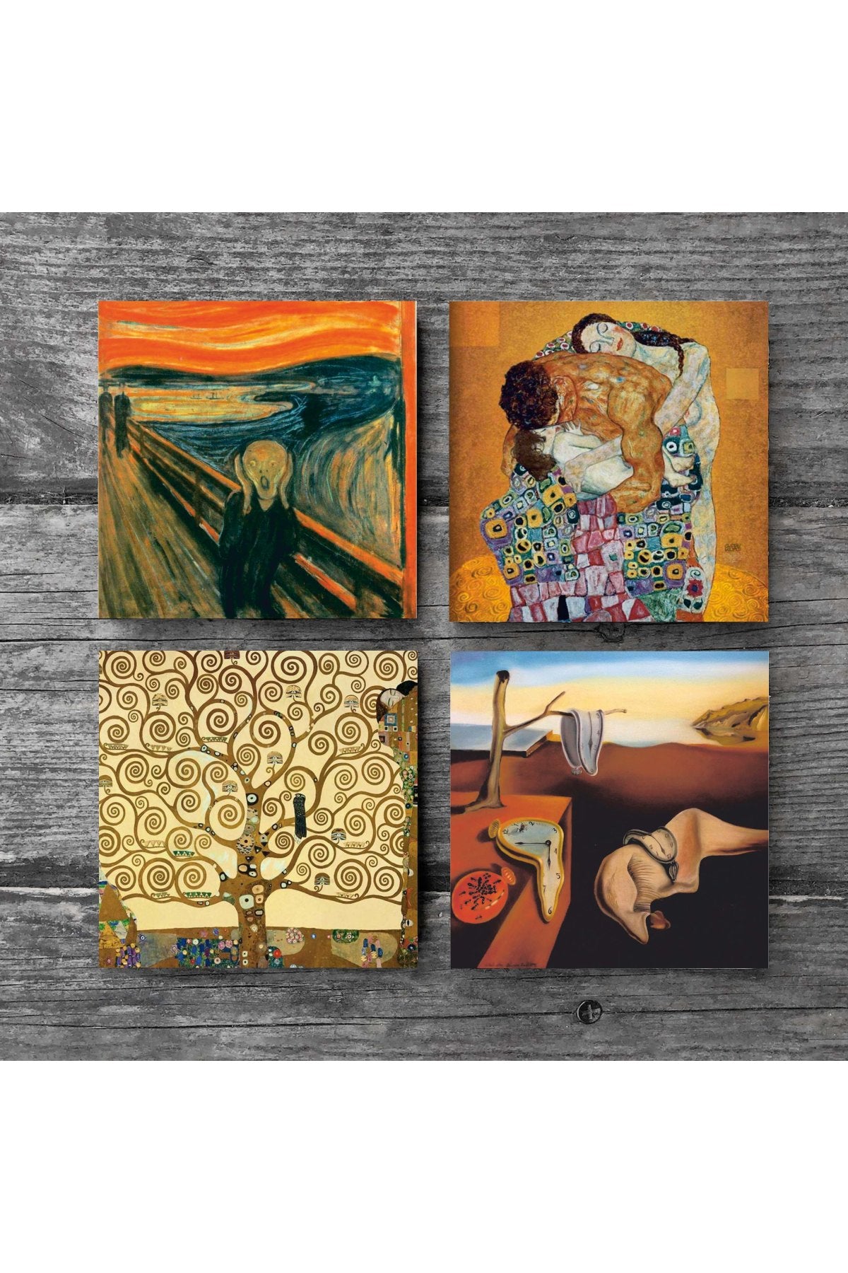 Pinecone Salvador Dalí Belleğin Azmi, Çığlık, Gustav Klimt Aile Kucaklama, Hayat Ağacı Taş Bardak Altlığı Seti - 4 Parça - Dekoratif, Rustik Mutfak Aksesuarı, 10x10 cm, Kaydırmaz TabanlıSC564