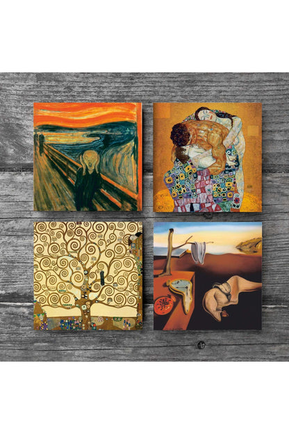 Pinecone Salvador Dalí Belleğin Azmi, Çığlık, Gustav Klimt Aile Kucaklama, Hayat Ağacı Taş Bardak Altlığı Seti - 4 Parça - Dekoratif, Rustik Mutfak Aksesuarı, 10x10 cm, Kaydırmaz TabanlıSC564