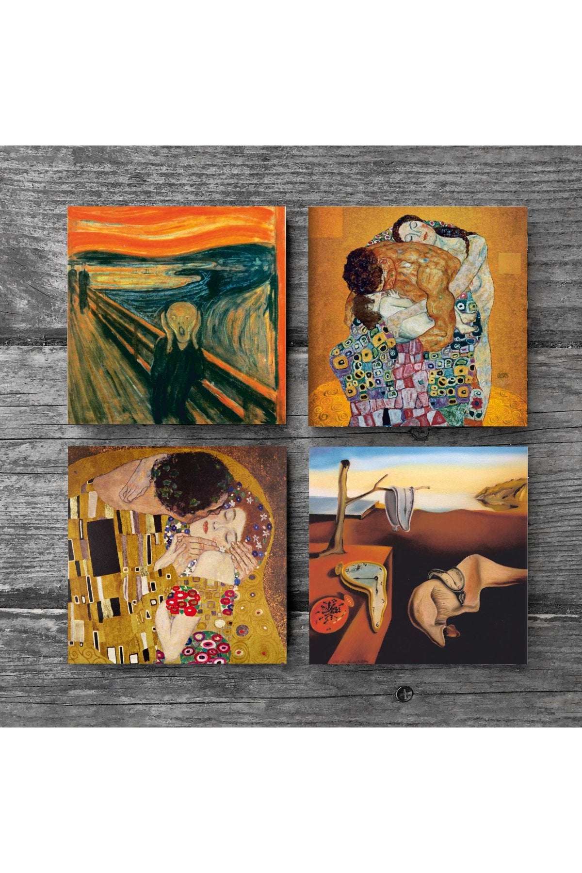 Pinecone Salvador Dalí Belleğin Azmi, Çığlık, Gustav Klimt Aile Kucaklama, Öpücük Taş Bardak Altlığı Seti - 4 Parça - Dekoratif, Rustik Mutfak Aksesuarı, 10x10 cm, Kaydırmaz TabanlıSC565