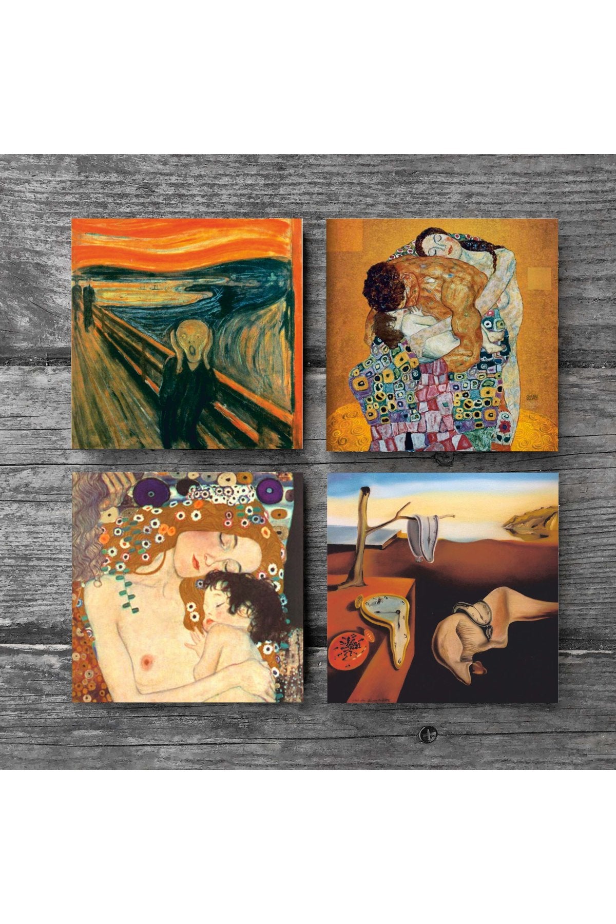 Pinecone Salvador Dalí Belleğin Azmi, Çığlık, Gustav Klimt Aile Kucaklama, Anne Çocuk Taş Bardak Altlığı Seti - 4 Parça - Dekoratif, Rustik Mutfak Aksesuarı, 10x10 cm, Kaydırmaz TabanlıSC566