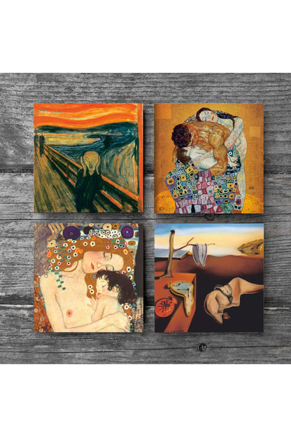 Pinecone Salvador Dalí Belleğin Azmi, Çığlık, Gustav Klimt Aile Kucaklama, Anne Çocuk Taş Bardak Altlığı Seti - 4 Parça - Dekoratif, Rustik Mutfak Aksesuarı, 10x10 cm, Kaydırmaz TabanlıSC566