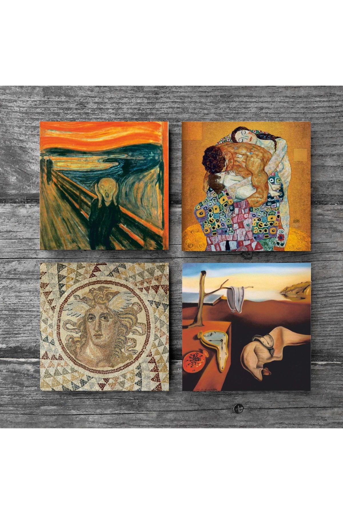Pinecone Salvador Dalí Belleğin Azmi, Çığlık, Mozaik Serisi, Gustav Klimt Aile Kucaklama Taş Bardak Altlığı Seti - 4 Parça - Dekoratif, Rustik Mutfak Aksesuarı, 10x10 cm, Kaydırmaz TabanlıSC573