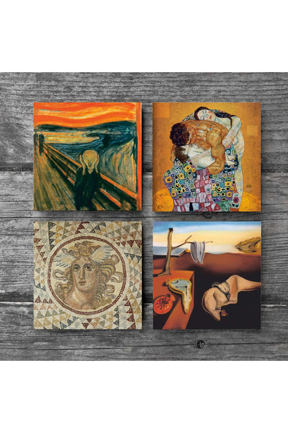 Pinecone Salvador Dalí Belleğin Azmi, Çığlık, Mozaik Serisi, Gustav Klimt Aile Kucaklama Taş Bardak Altlığı Seti - 4 Parça - Dekoratif, Rustik Mutfak Aksesuarı, 10x10 cm, Kaydırmaz TabanlıSC573