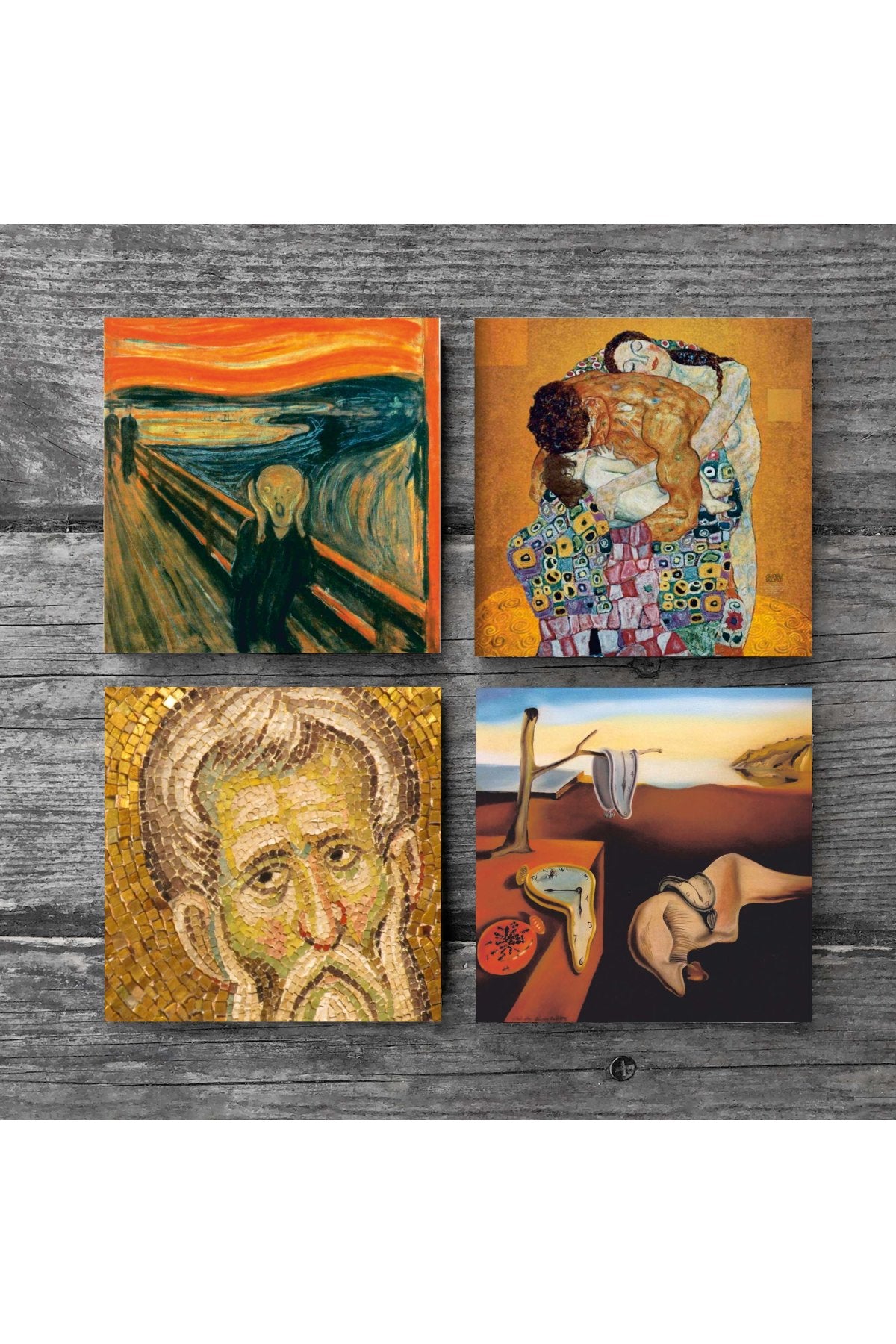 Pinecone Salvador Dalí Belleğin Azmi, Çığlık, Mozaik Serisi, Gustav Klimt Aile Kucaklama Taş Bardak Altlığı Seti - 4 Parça - Dekoratif, Rustik Mutfak Aksesuarı, 10x10 cm, Kaydırmaz TabanlıSC574