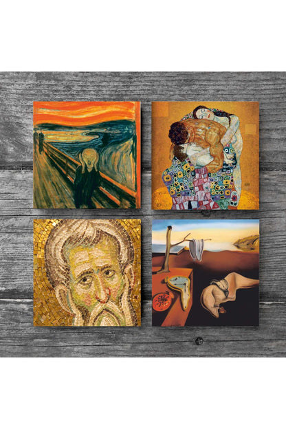 Pinecone Salvador Dalí Belleğin Azmi, Çığlık, Mozaik Serisi, Gustav Klimt Aile Kucaklama Taş Bardak Altlığı Seti - 4 Parça - Dekoratif, Rustik Mutfak Aksesuarı, 10x10 cm, Kaydırmaz TabanlıSC574