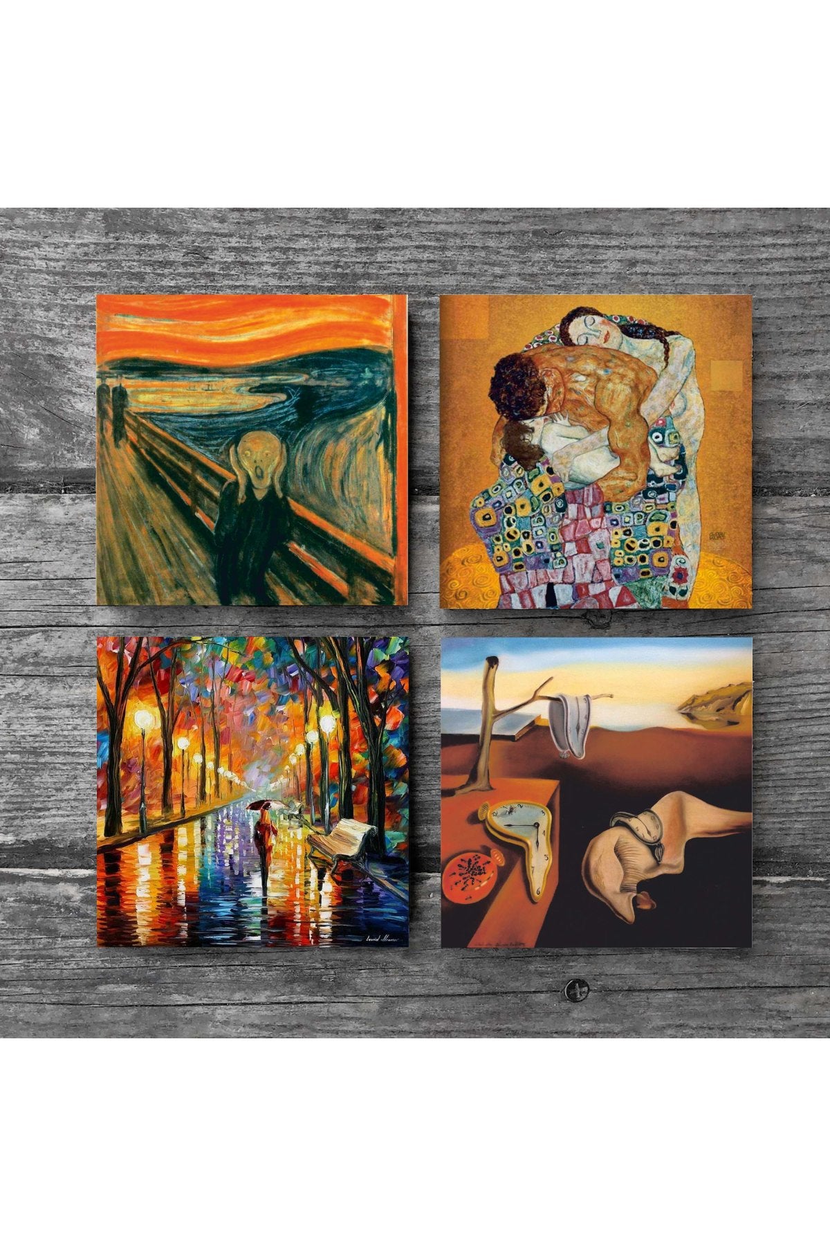 Pinecone Salvador Dalí Belleğin Azmi, Çığlık, Fenerler, Gustav Klimt Aile Kucaklama Taş Bardak Altlığı Seti - 4 Parça - Dekoratif, Rustik Mutfak Aksesuarı, 10x10 cm, Kaydırmaz TabanlıSC577