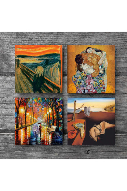 Pinecone Salvador Dalí Belleğin Azmi, Çığlık, Fenerler, Gustav Klimt Aile Kucaklama Taş Bardak Altlığı Seti - 4 Parça - Dekoratif, Rustik Mutfak Aksesuarı, 10x10 cm, Kaydırmaz TabanlıSC577