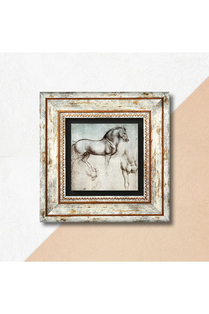 Leonardo da Vinci At Heykeli Taş Duvar Tablosu - Çerçeveli Taş Tablo - Dekoratif Duvar Sanatı - Modern Ev ve Ofis Duvar Dekoru TK1-16